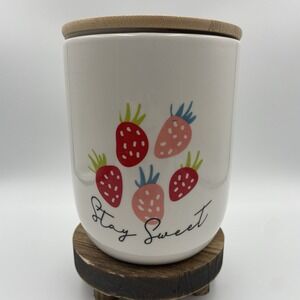 Strawberry Storage Canister With Bamboo Lid "Stay Sweet" White Ceramic 6x5" NEW
